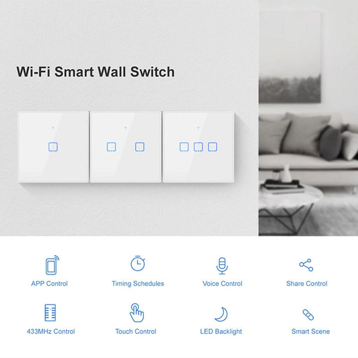 Công tắc wifi cảm ứng âm tường thông minh TX T2EU T3EU 1 2 3 Kênh hình vuông