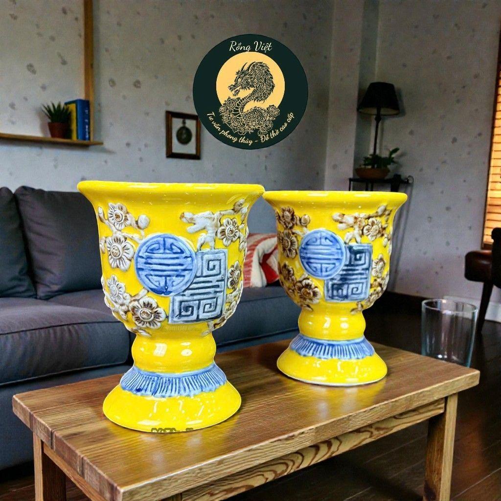 Cốc Phật Thủ Men Vàng RỒNG VIỆT - Gốm sứ Bát Tràng Thủ Công Đắp Nổi Đào Thọ Cao Cấp