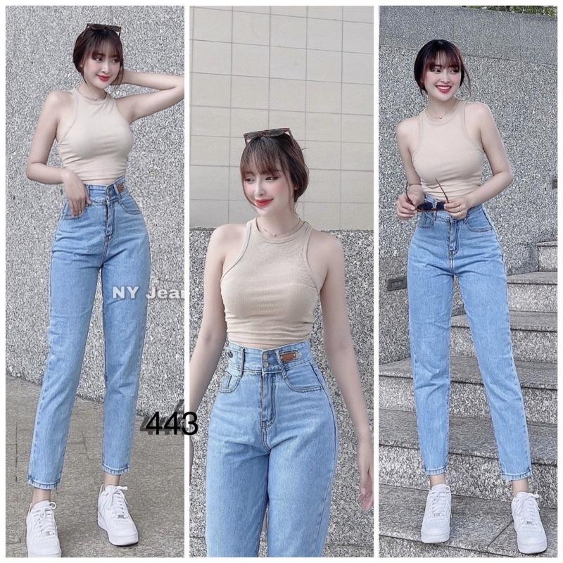 Quần baggy jean nữ màu xanh nhạt cạp cao 2 nút Ms 443