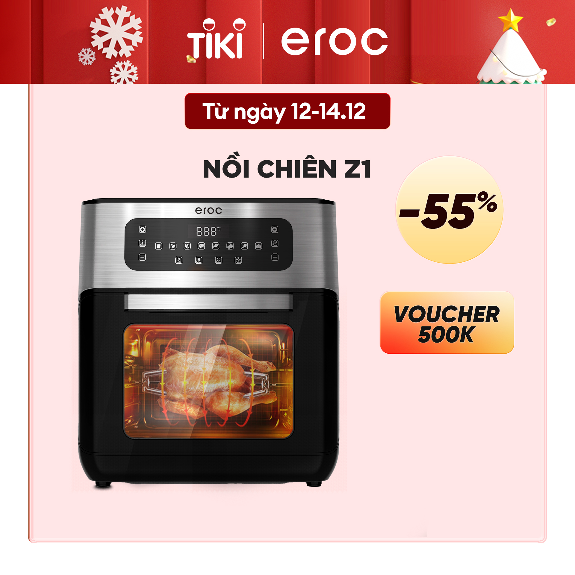 Nồi Chiên Không Dầu Kèm Chức Năng Nướng 10L, Nút Bấm Cảm Ứng, Cửa Tháo Rời Eroc V-Z1 Hàng Chính Hãng