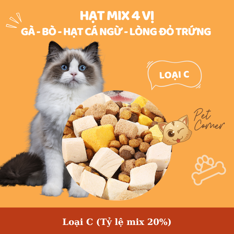 Hạt mix cao cấp cho mèo trộn thịt bò, gà, tôm, cá, lòng đỏ trứng, rau củ quả - Thức ăn hạt cho mèo kén ăn