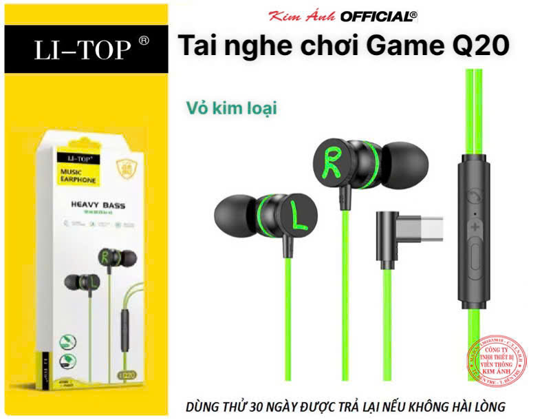Tai nghe Game Lip-Top Q20 chân Type C, check QR tra nguồn gốc, có Micro và nút chỉnh âm lượng, Hàng chính hãng BH 1 năm
