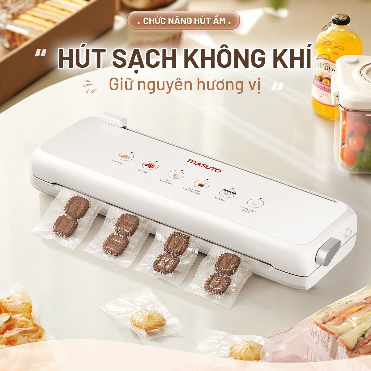 Máy hút chân không thực phẩm Masuto MSSMaster Không Kén Túi, hút siêu mạnh 60kPa, mối hàn kép 4mm hàn miệng túi siêu chặt - Hàng chính hãng