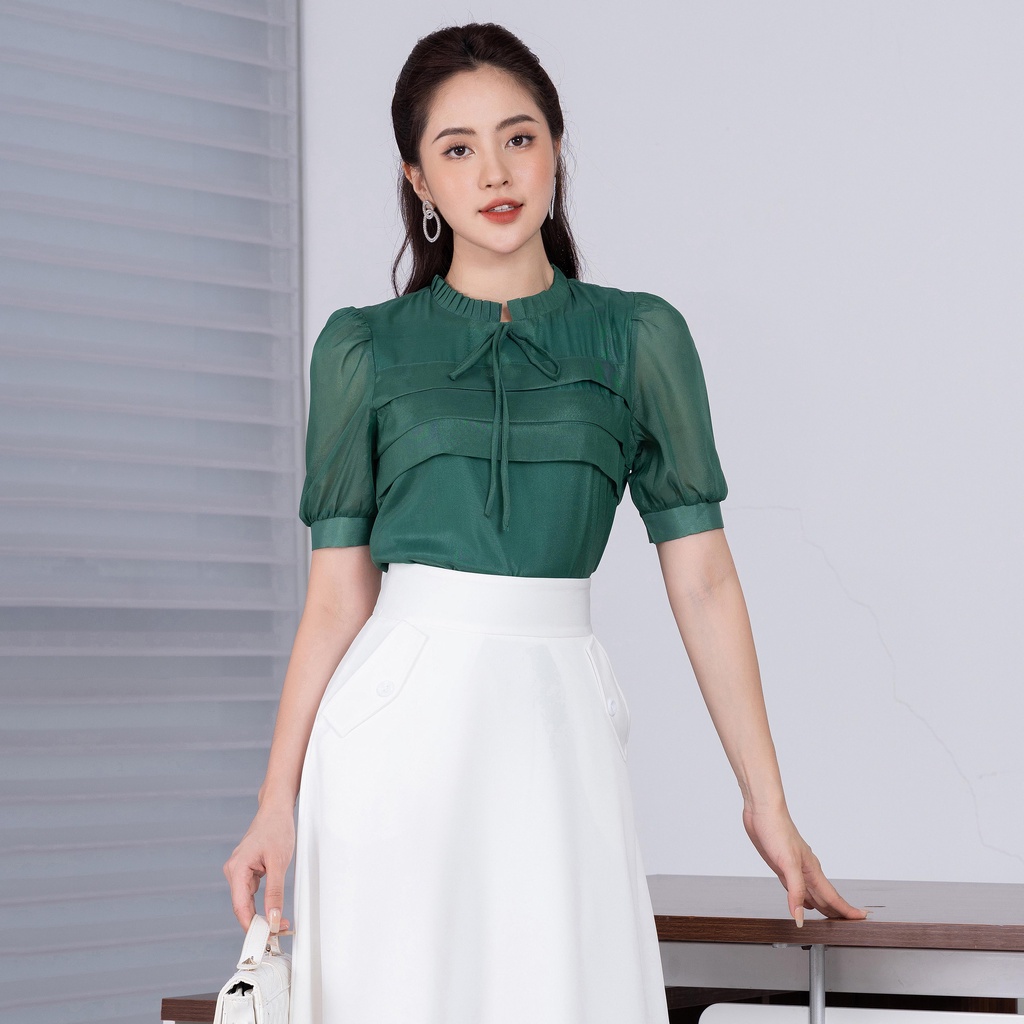 Áo Sơ Mi Nữ UK Fashion Thiết Kế Phối Tơ Thân Xếp Tay Bồng, Chất Vải Nhập Hàn Cao Cấp NKSM2206004