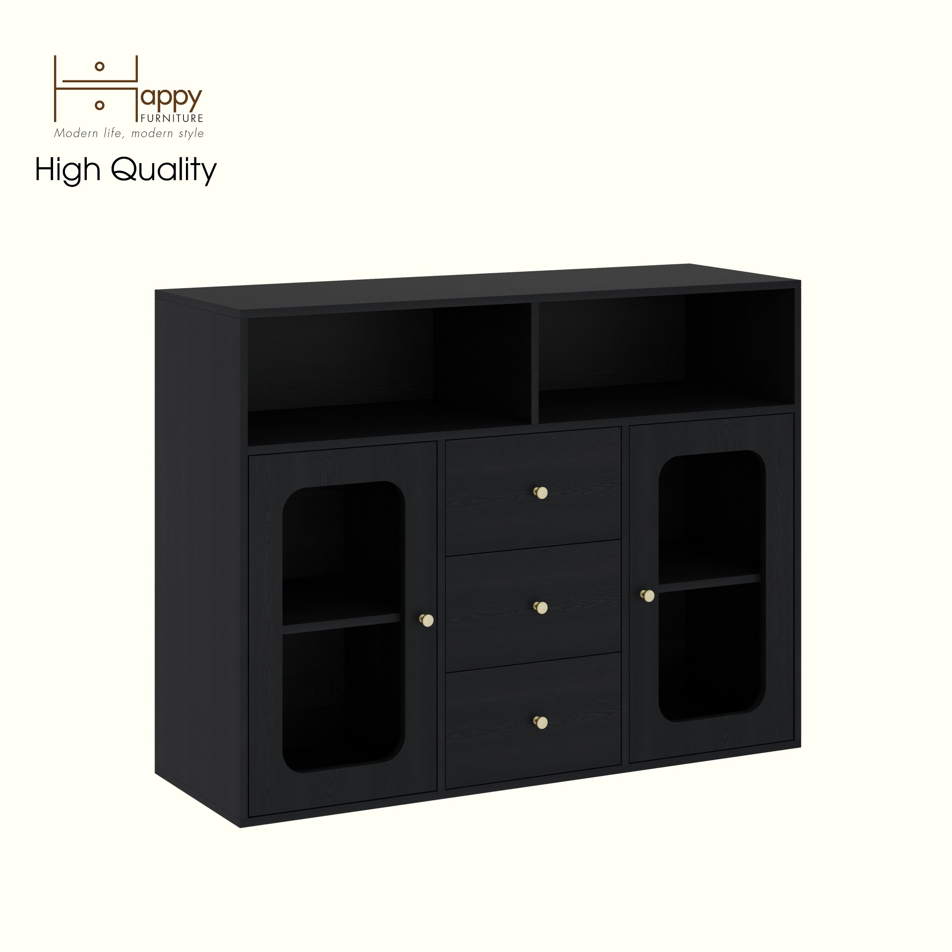 HAPPY FURNITURE , Tủ lưu trữ 2 cửa kính 3 ngăn kéo - NOAH , TLT_065 , 130cm x 45cm x 100cm DxRxC