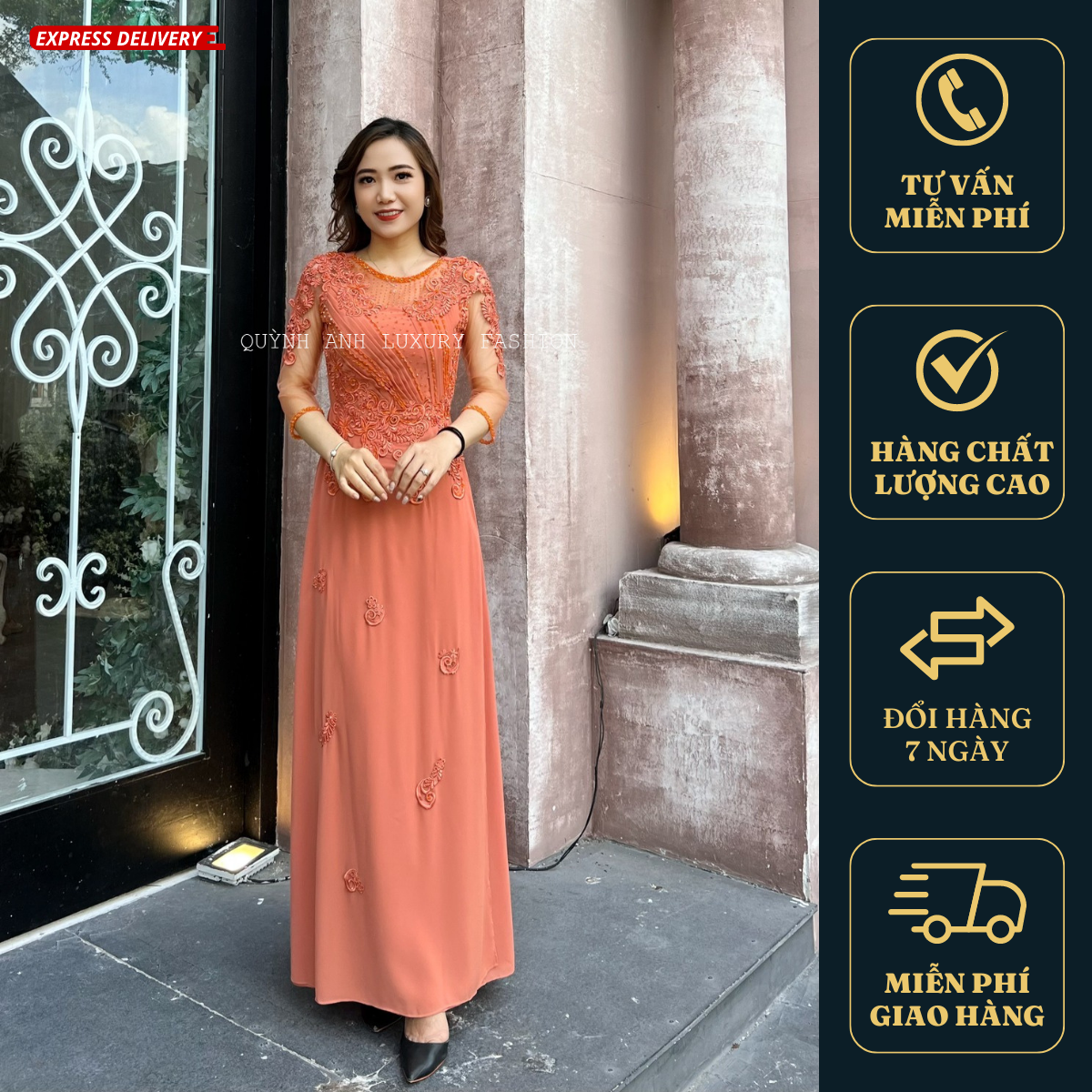 Váy Dạ Hội Áo Dài Cam Đào Trung Niên Sang Trọng Florence Dress