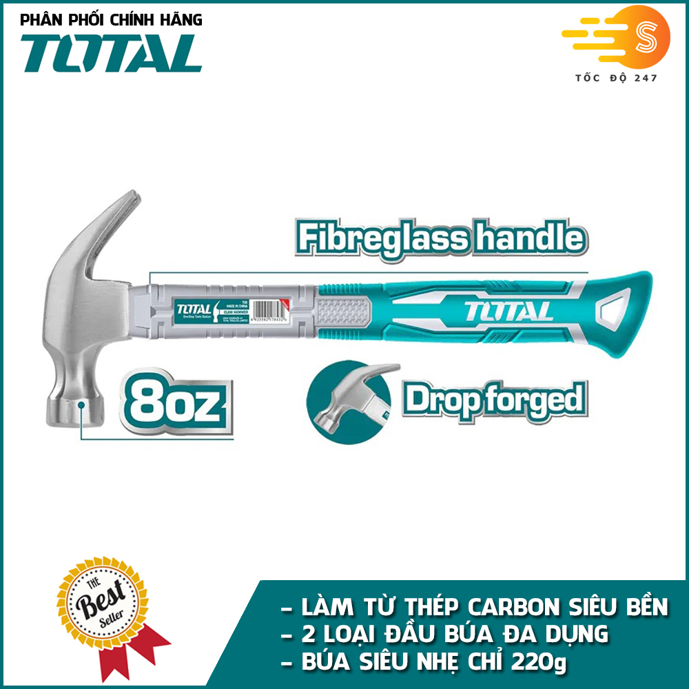 Búa nhổ đinh và đầu vuông TOTAL THTS7308 (220g), THT73206 (560g) - đầu búa được làm từ thép Carbon siêu cứng, tay cầm thế hệ mới chắc chắn