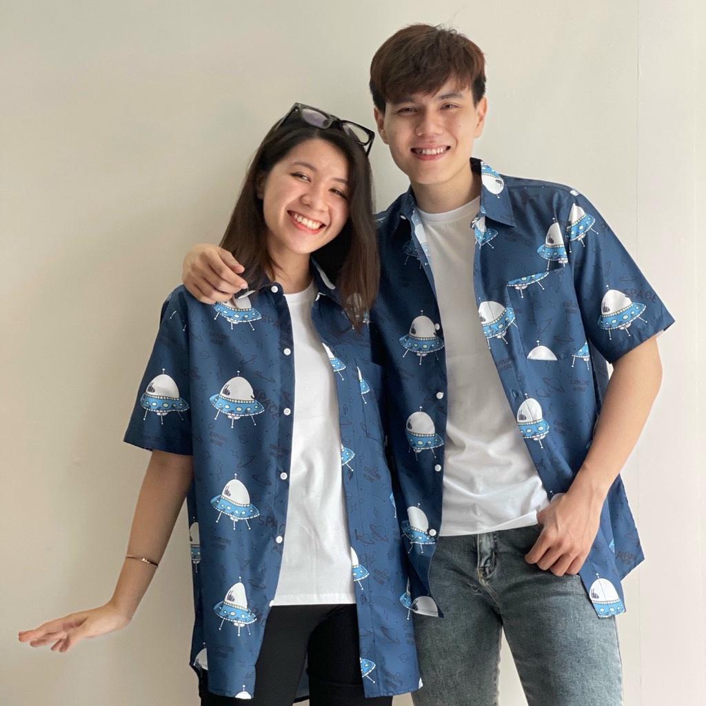 Áo sơ mi lụa ép 3d họa tiết, áo sơ mi đôi, áo sơ mi mùa hè, áo sơ mi nam nữ thời trang - HKSM01