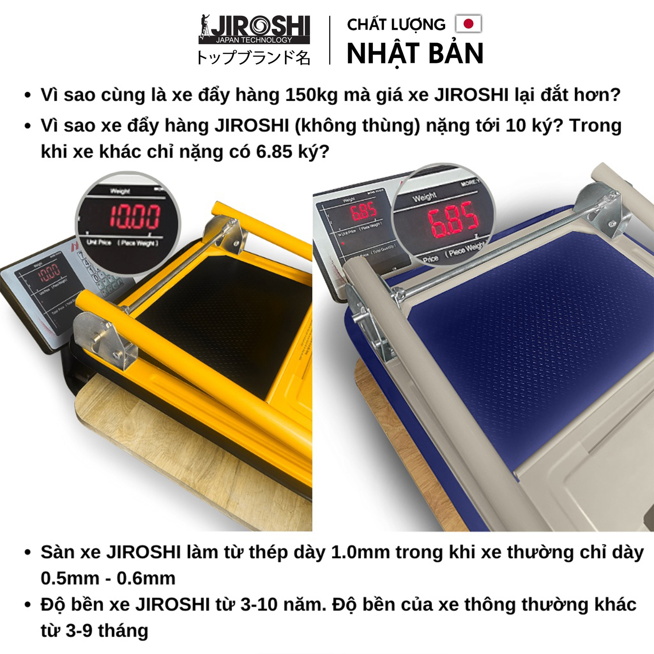 Xe đẩy hàng 4 bánh gấp gọn 150kg JIROSHI bánh chống ồn có khoá, xe kéo hàng bốn bánh tay xếp gọn chở đồ tải nặng