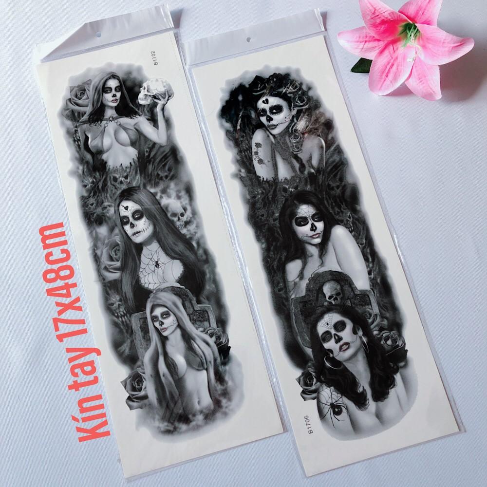 Combo 2 tấm hình xăm dán kín tay cô gái hóa trang đen trắng 17x48cm- tặng bắp tay mini 10x20cm