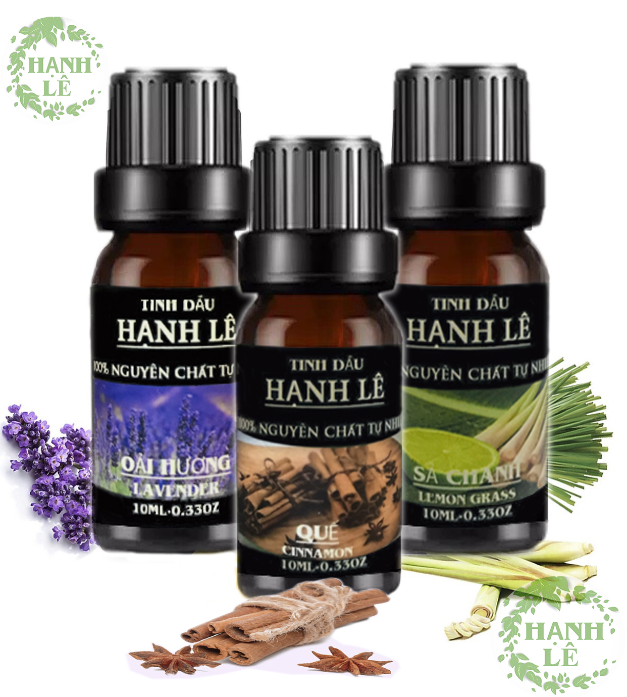 Combo 3 tinh dầu cao cấp nguyên chất Hạnh Lê: Tinh Dầu Sả Chanh + Tinh Dầu Oải Hương + Tinh Dầu Quế