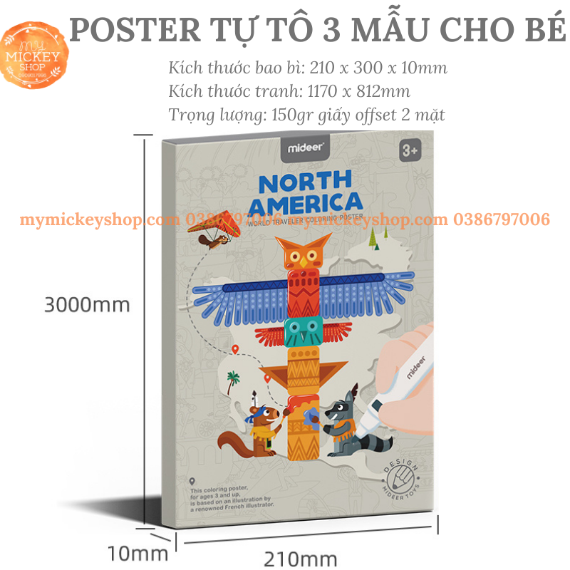 Tranh thủ công tô màu với 3 chủ đề Du Lịch các châu lục chính hãng Mideer World Traveler Coloring Poster cho bé từ 3 tuổi