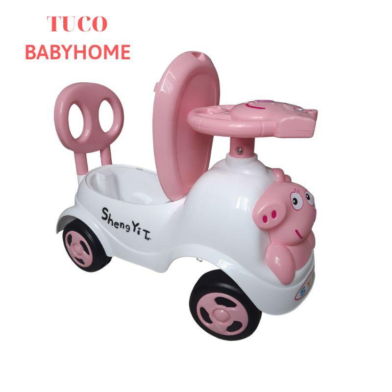 Xe lắc cho bé chòi chân Heo Peppapig cho bé có nhạc + còi + thùng đồ + tựa lưng (Xe chòi chân cho bé)