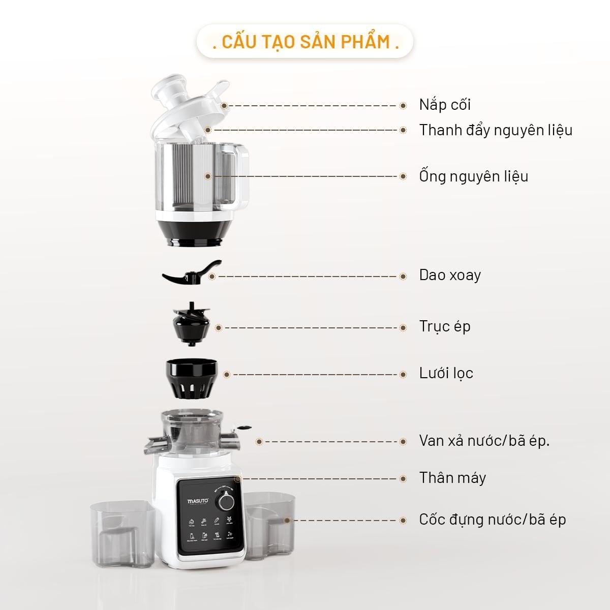 Máy Ép Chậm Trái Cây Làm Kem Toàn Năng 8in1 Masuto MSPrimeUltra, Công Suất 150W, Ống Tiếp Cực Đại 156mm, Ép Kiệt 99%, 8 Chế Độ Nấu - Hàng chính hãng