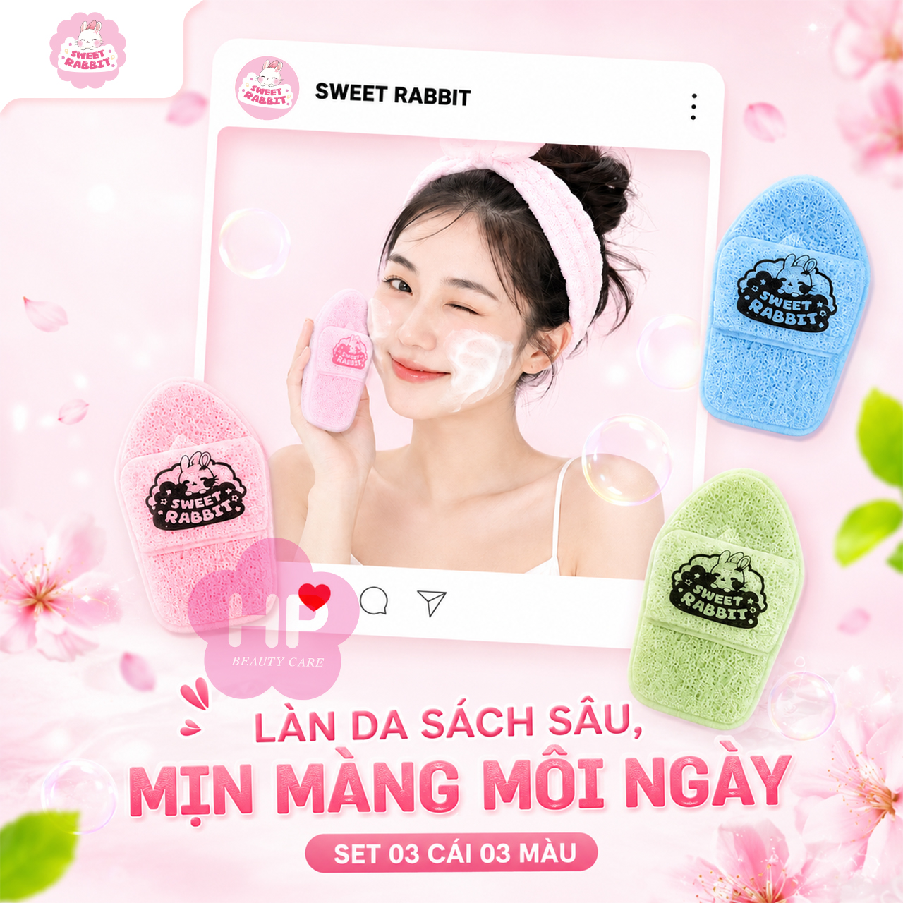 Bông Mút Bọt Biển Rửa Mặt Sweet Rabbit Fluffy Facial Cleansing Puff (Slipper Shape) Set 03 Cái 03 Màu