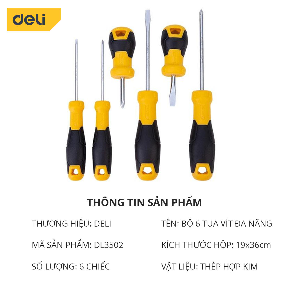 Bộ Tua Vít Deli 6 Chiếc Cao Cấp Chính Hãng - Chất Liệu Siêu Bền, Chống Mòn, Gỉ, Tay Cầm Chống Trơn Trượt - DL3502