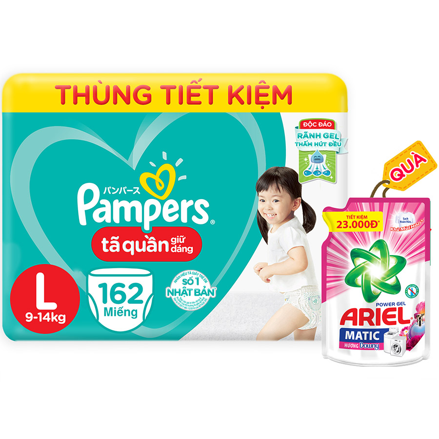 Tã Quần Giữ Dáng Pampers Megabox Thùng Tiết Kiệm M180/L162/XL144  Tặng 1 Túi Ariel 1.25kg Hương Downy