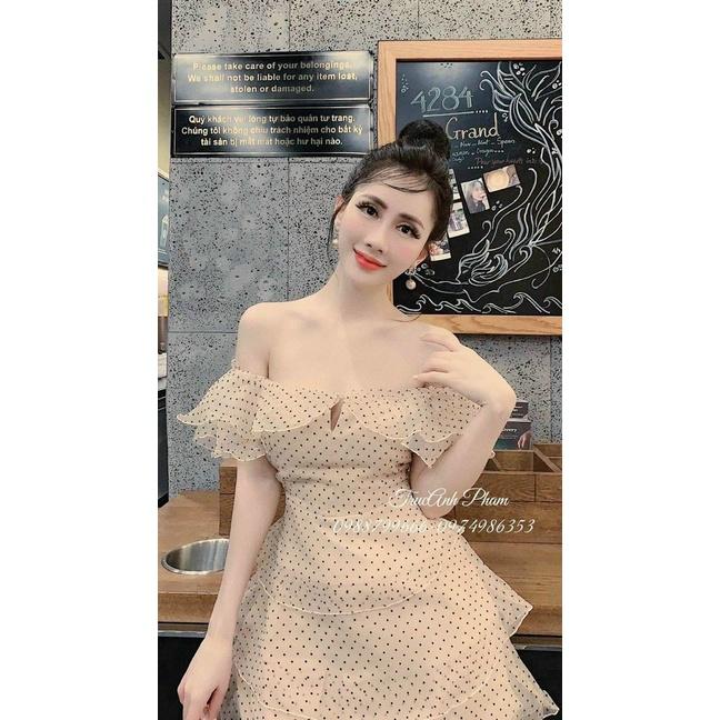 FREESHIP Đầm Voan nữ Chấm Bi trễ Vai Xoè Tầng Ôm Eo màu nude cực tôn da GKM