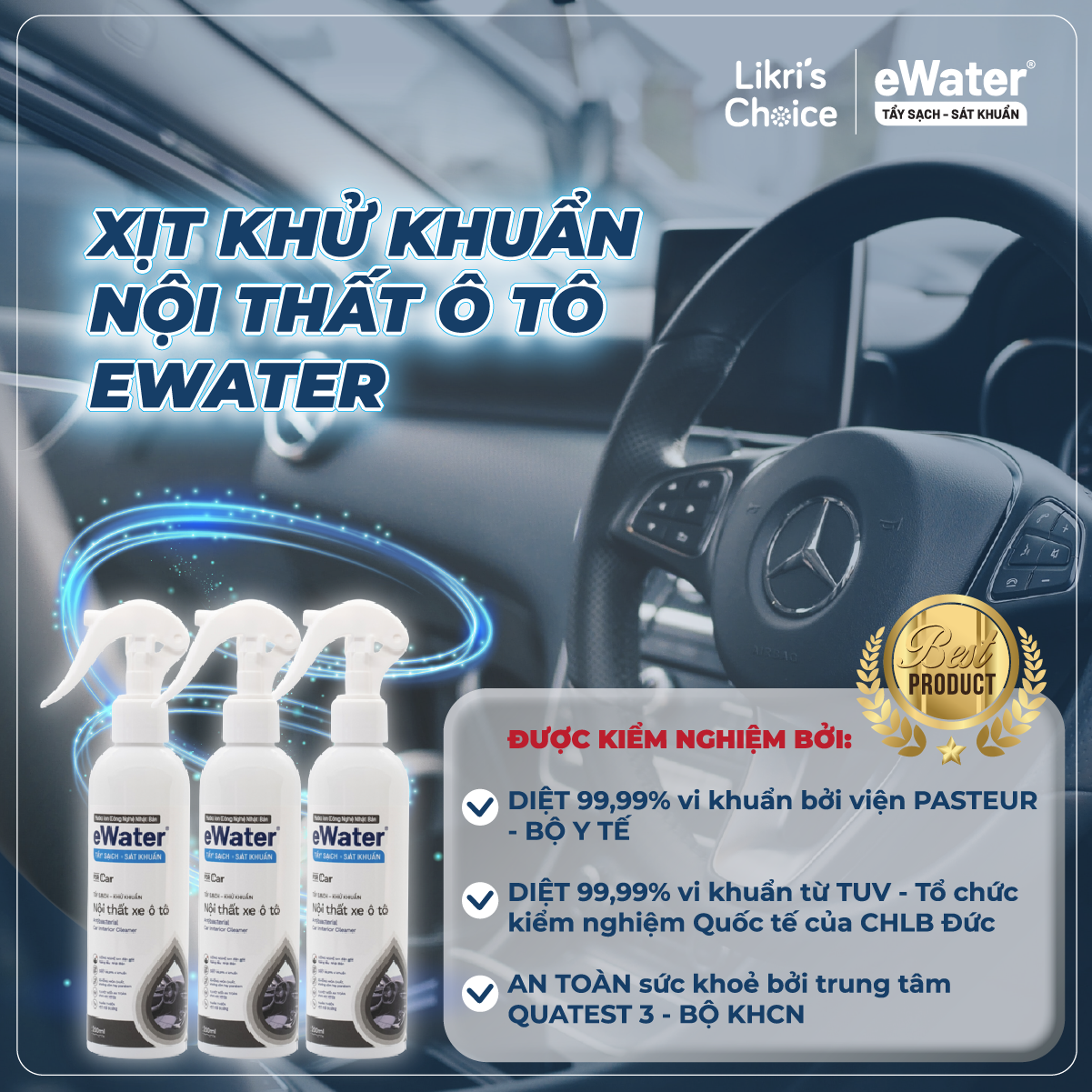 Chai xịt khử khuẩn nội thất ô tô eWater 200ml - Công nghệ ion điện giải hàng đầu Nhật Bản (Nhãn mới)
