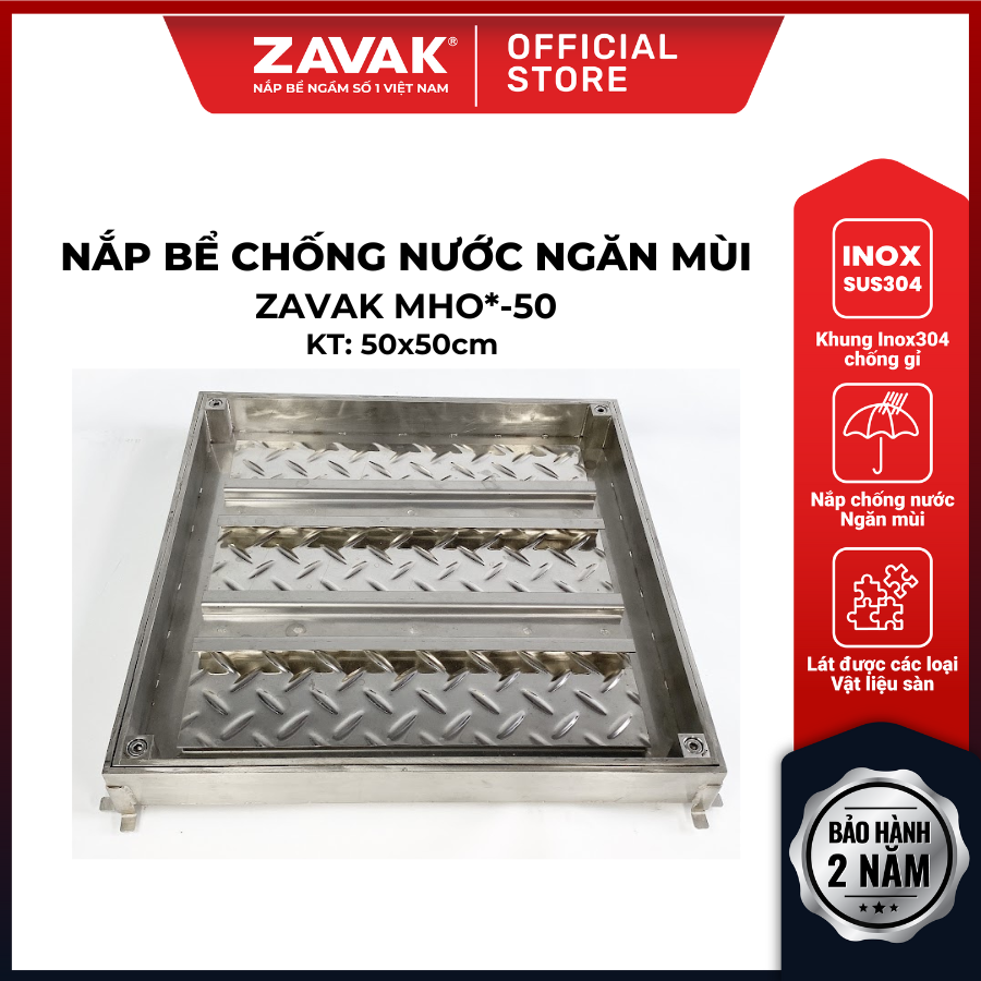 Nắp bể ngầm chống nước ngăn mùi inox ZAVAK MHO*-50 / KT 50x50cm, lát gạch 2,5cm/ tải tối đa 720kg