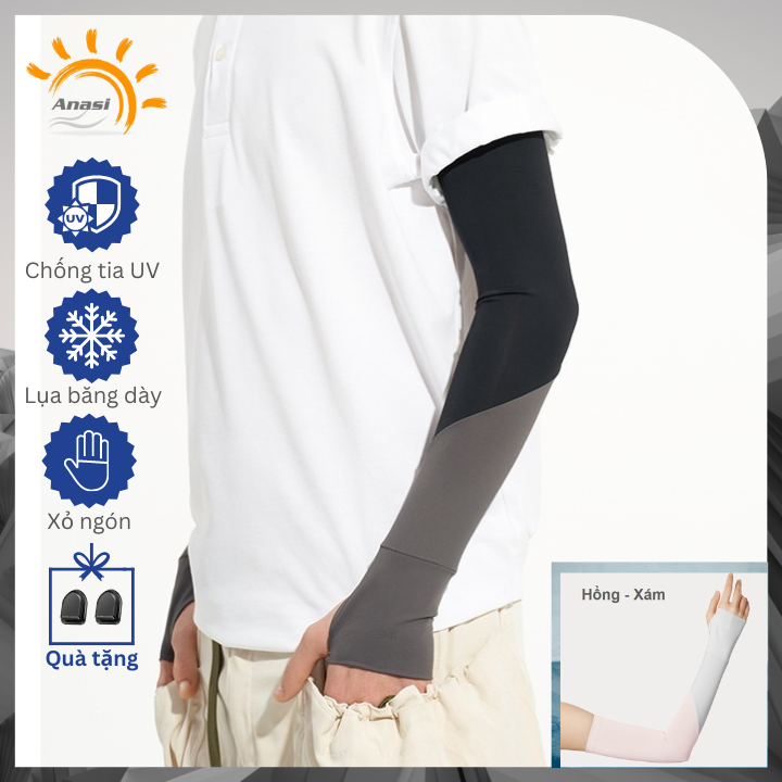 Găng tay chống nắng nam nữ phối 2 màu Anasi LB105 - Vải lụa băng dày mát - Chống tia UV SPF50