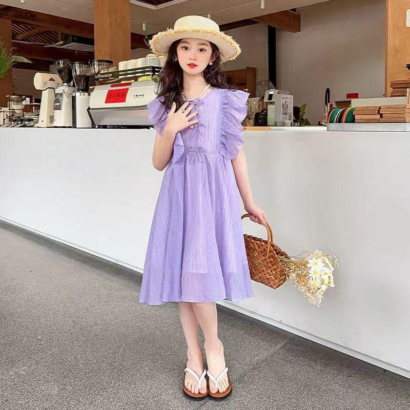 CHENGRUI Cô gái ăn mặc mùa hè 2023 phong cách phương Tây trẻ em chiffon lưới váy công chúa màu đỏ thời trang cô gái không tay váy ẩm ướt