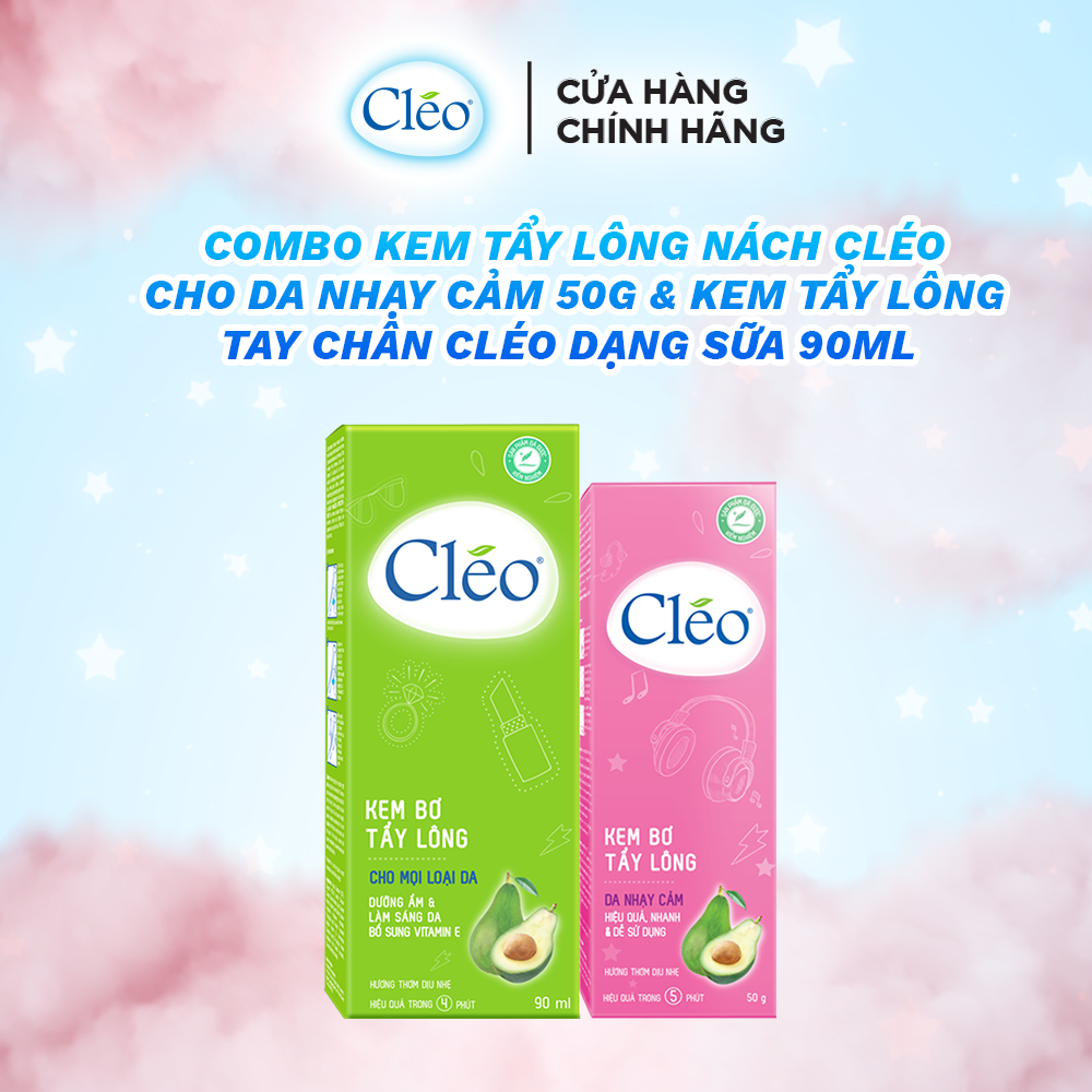 Combo tẩy lông nách Cléo cho da nhạy cảm 100% không đau 50g và tẩy lông chân tay Cléo an toàn chỉ từ 4 phút 90ml