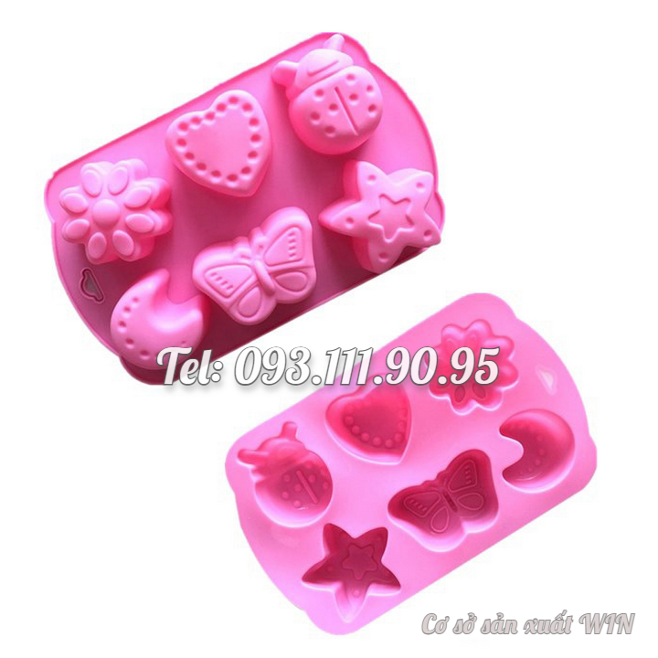 Khuôn silicon làm bánh, rau câu, socola 6 hình trăng, sao, bươm bướm, cánh cam, trái tim – Mã số 1266
