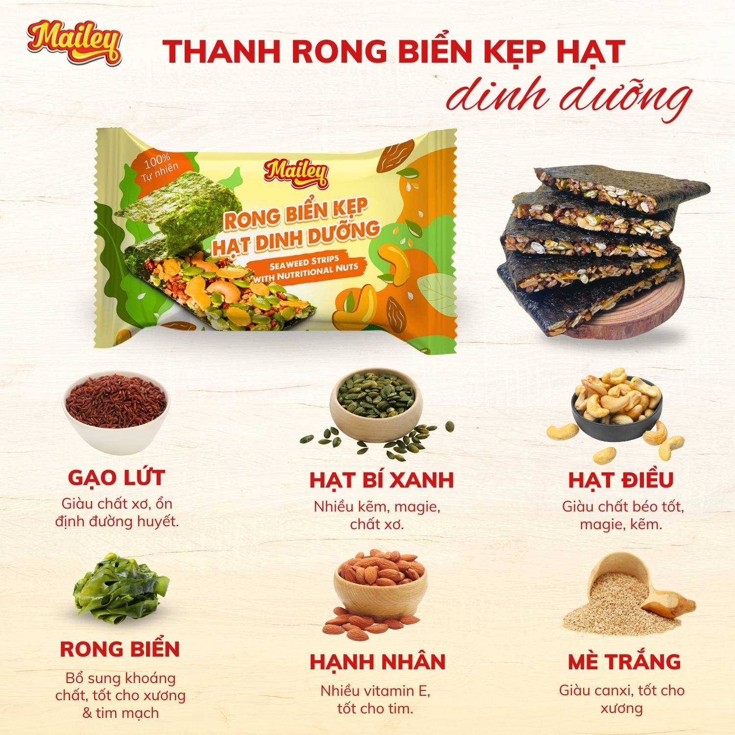 [COMBO 2 HỘP]Rong biển kẹp hạt dinh dưỡng Mailey - hỗ trợ ăn kiêng giảm cân, bánh ngũ cốc dinh dưỡng