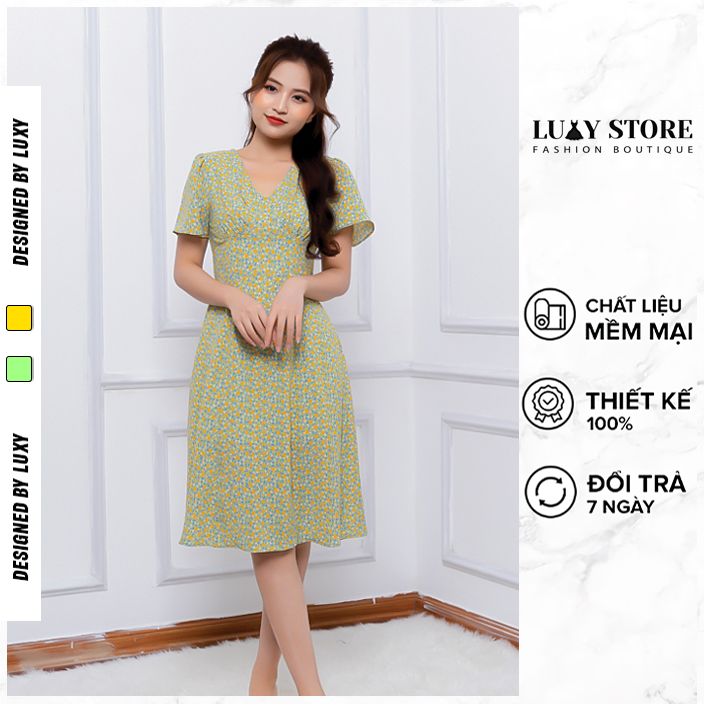 Váy hoa nhí vintage LUXY V30312 cổ tym, triết eo nữ tính đủ size từ 40kg đến 65kg
