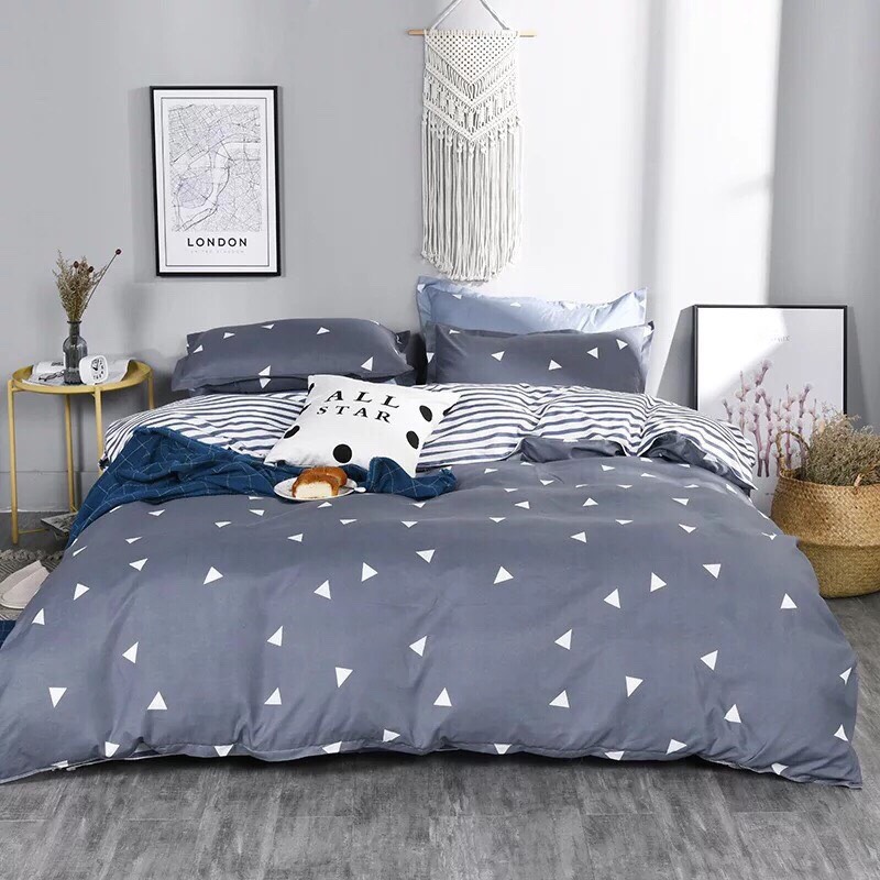 Bộ chăn ga gối cotton PL1 - Tam Giác Ghi - Tặng 1 móc khóa Houston