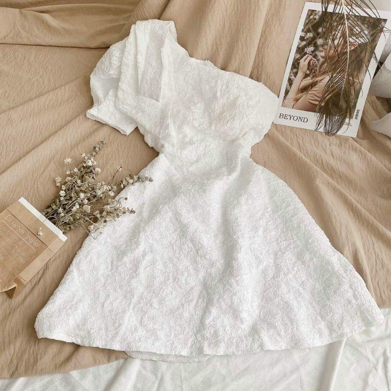 Đầm váy nữ trắng hoa nổi lệch vai nơ cách điệu TKN