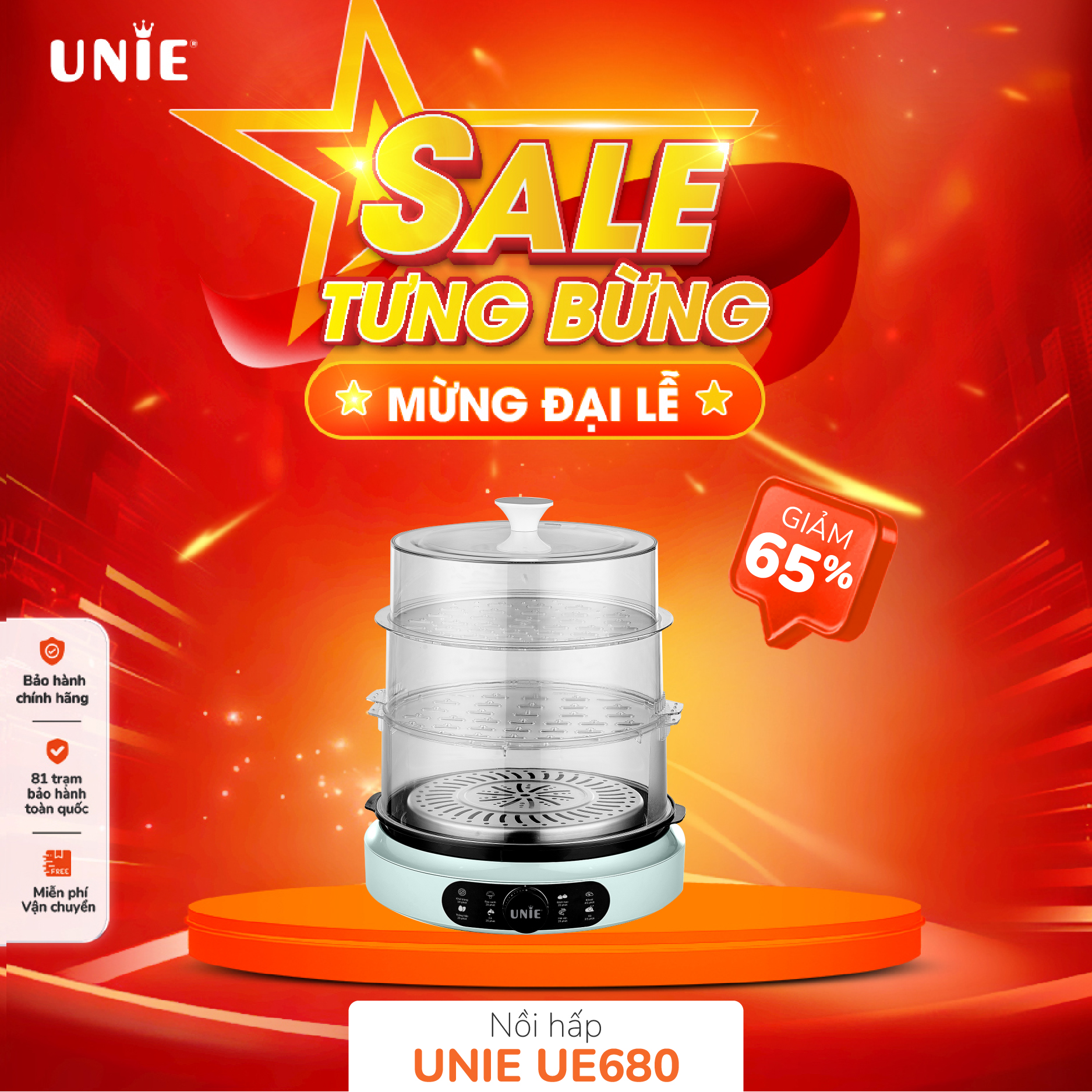 Nồi hấp điện UNIE UE-680 công suất 1000W dung tích 15L - Hàng chính hãng