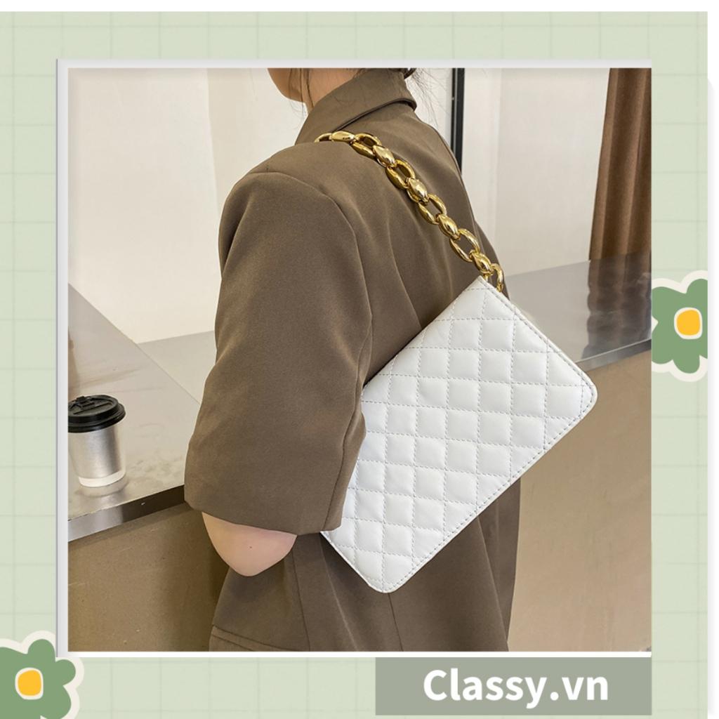 TÚI KẸP NÁCH nữ Classy CLASSIC, HÌNH HỘP VUÔNG HOẠ TIẾT CHẦN Ô, KHÓA XÍCH VÀNG TO BẢN RẤT SANG T594
