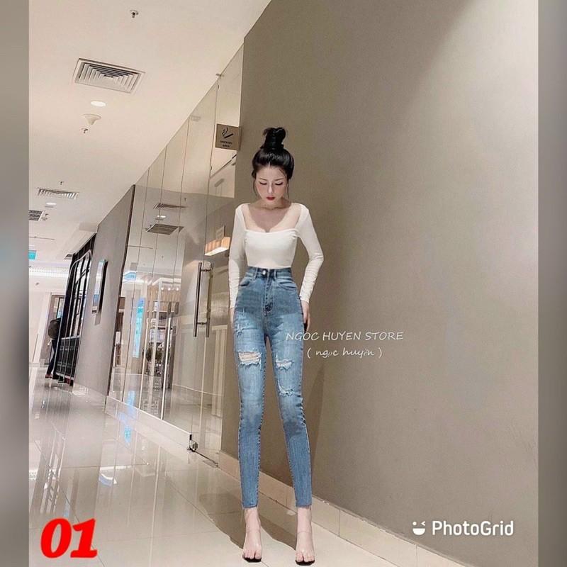 Quần jeans lưng cao rách xước nút kiểu ôm body - j20