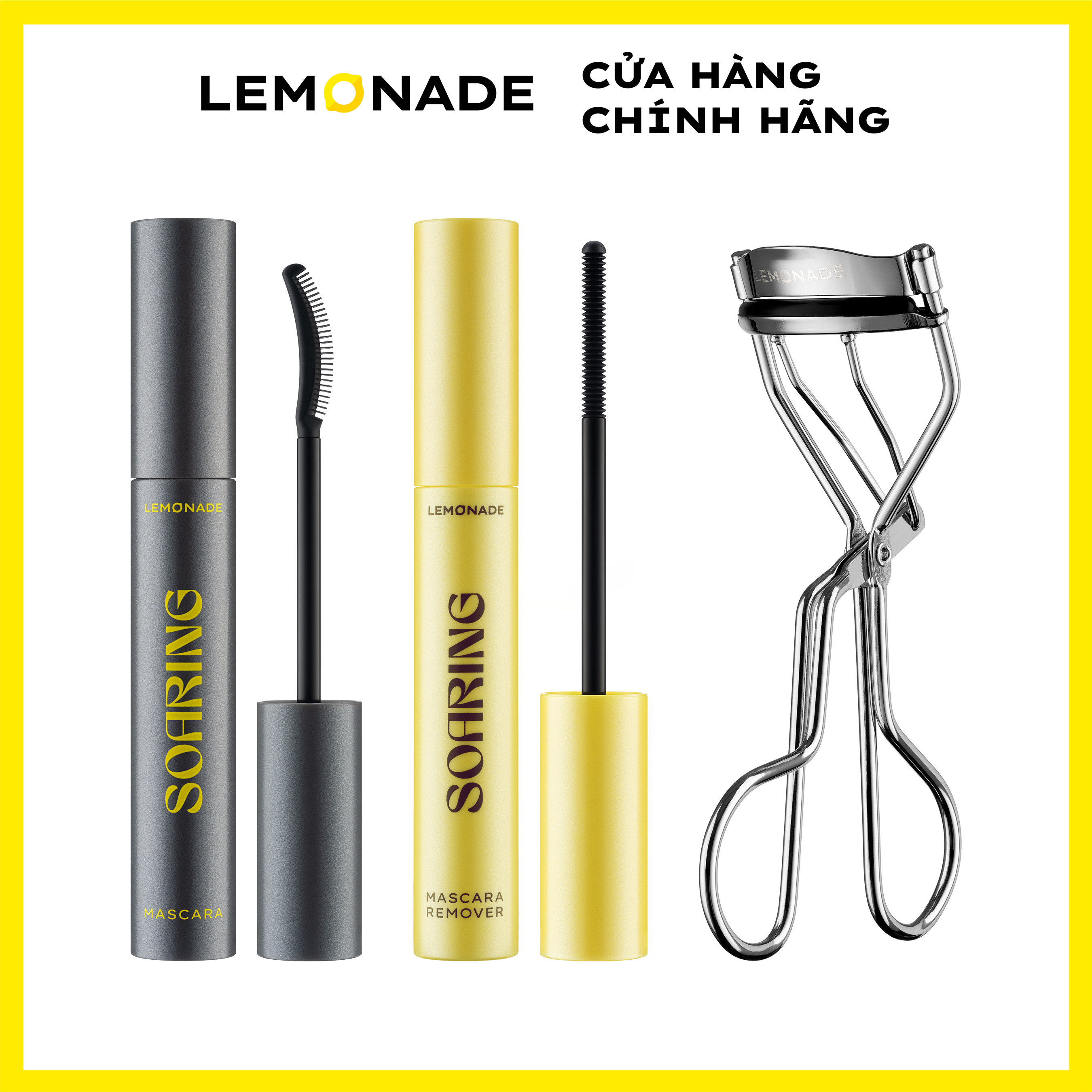 Combo trọn bộ gồm Chuốt mi tơi dài lâu trôi Soaring Mascara &amp; Tẩy trang mi sạch dịu Soaring Mascara Remover &amp; Kẹp mi cong lâu Lemonade Curler