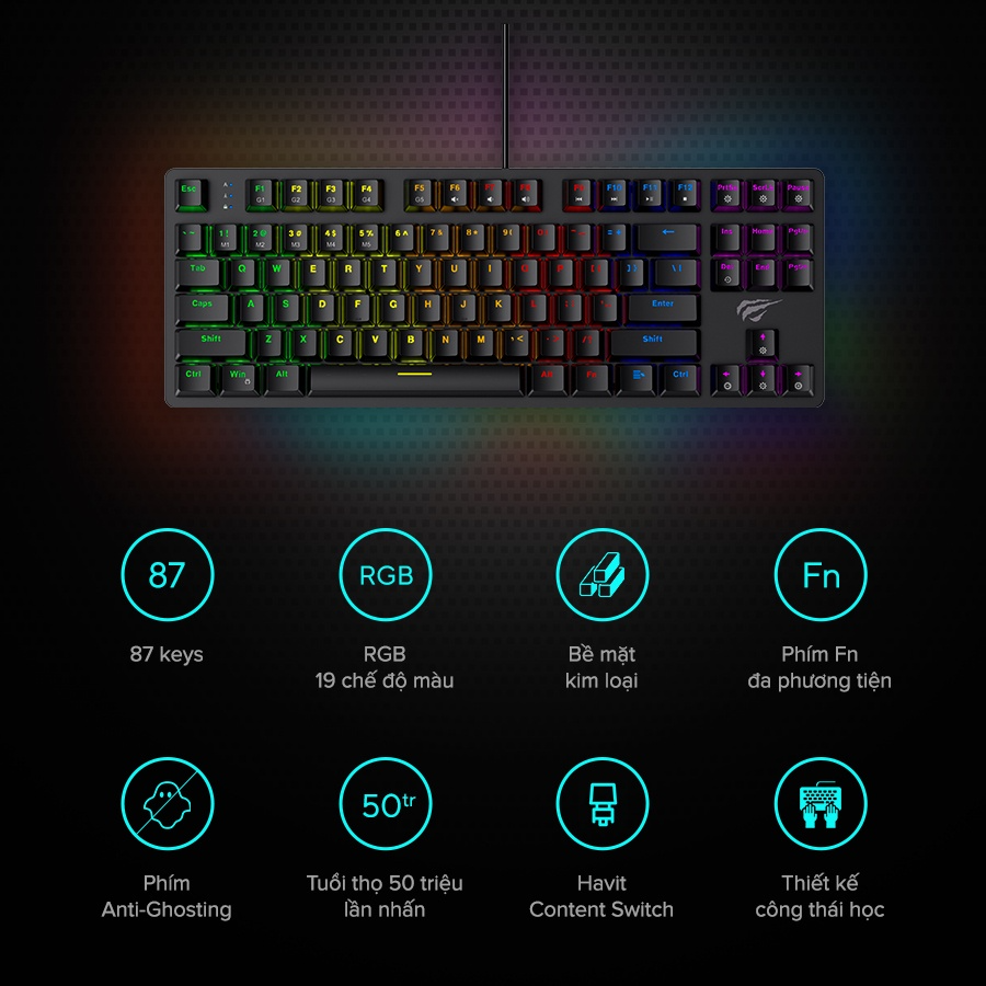 Bàn Phím Cơ Gaming HAVIT KB869L, 87 Keys, 19 Chế Độ RGB, Tuổi Thọ Phím 50.000.000 Lần - Hàng Chính Hãng