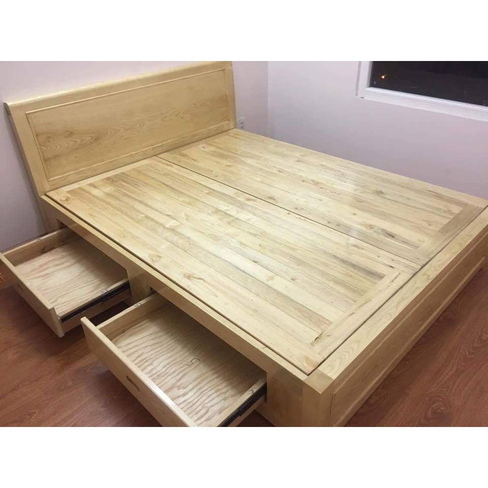 Giường ngăn kéo gỗ sồi kiểu nguyên khối