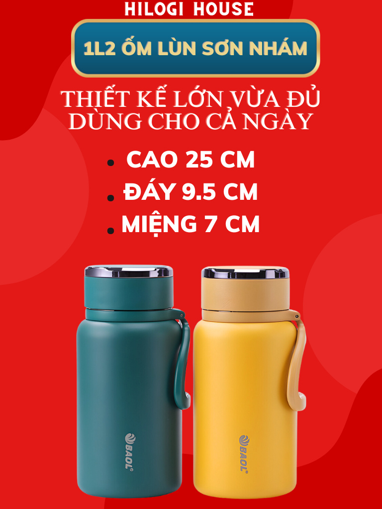 Bình giữ nhiệt 1500ml HiLOGI HOUSE sơn nhám chống trầy xước giữ nhiệt lạnh hơn 24 giờ , giữ nóng hơn 12 giờ , có dây treo