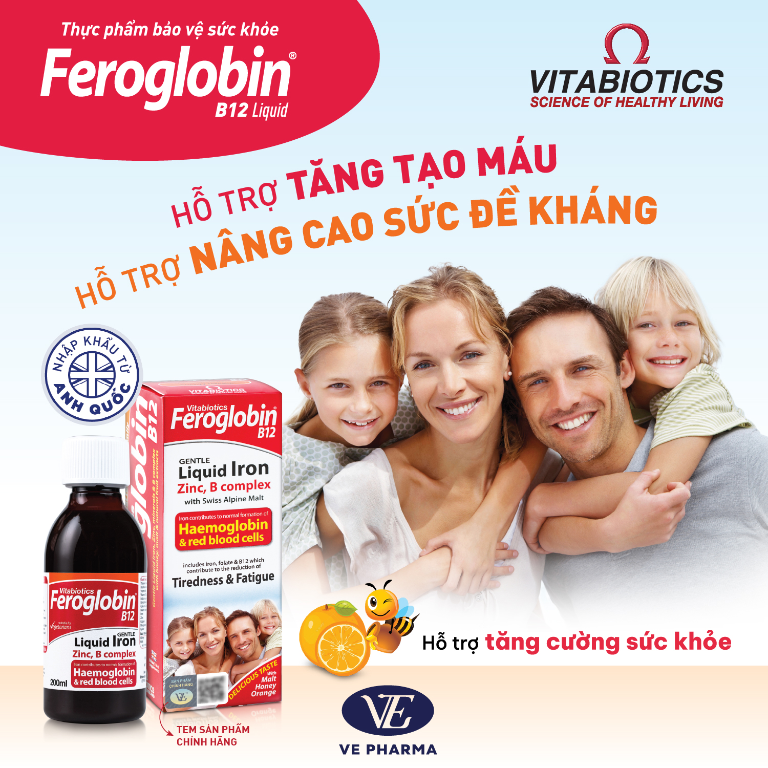 Siro Bổ Máu Vitabiotics FEROGLOBIN B12 Cung Cấp Sắt Hỗ Trợ Tăng Khả Năng Tạo Máu, Nâng Cao Sức Đề Kháng 200ml