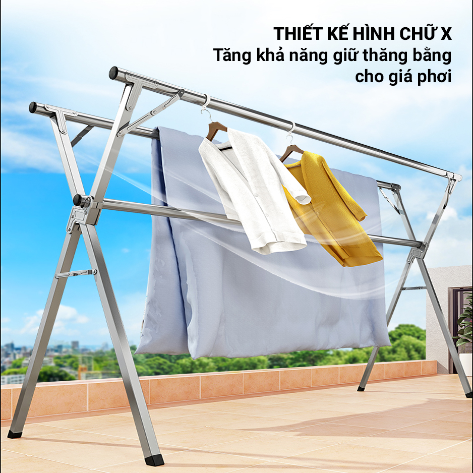 Sào phơi quần áo Inox cao cấp kéo dài thông minh kèm bánh xe linh hoạt, giá treo đồ chữ X thông minh