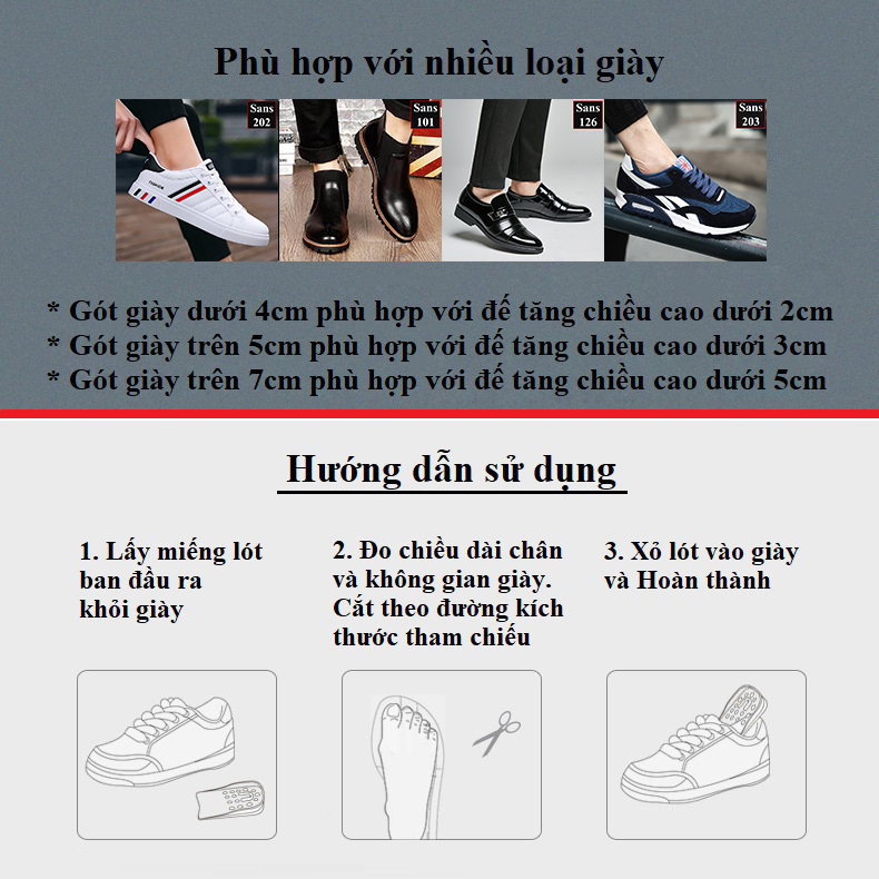 Lót giày tăng chiều cao nam nữ Sans921 độn giầy nâng đế 2cm 3cm 4cm 5cm