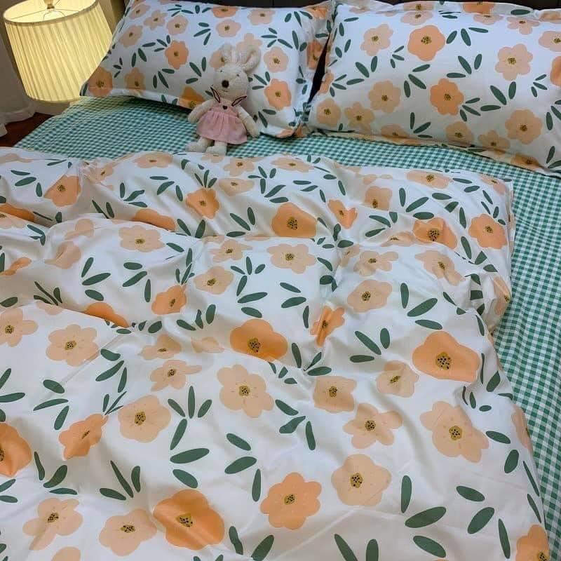 Set ga gối chăn mùa hè cottong poly 4 món hàng nhập khẩu họa tiết Hoa lá