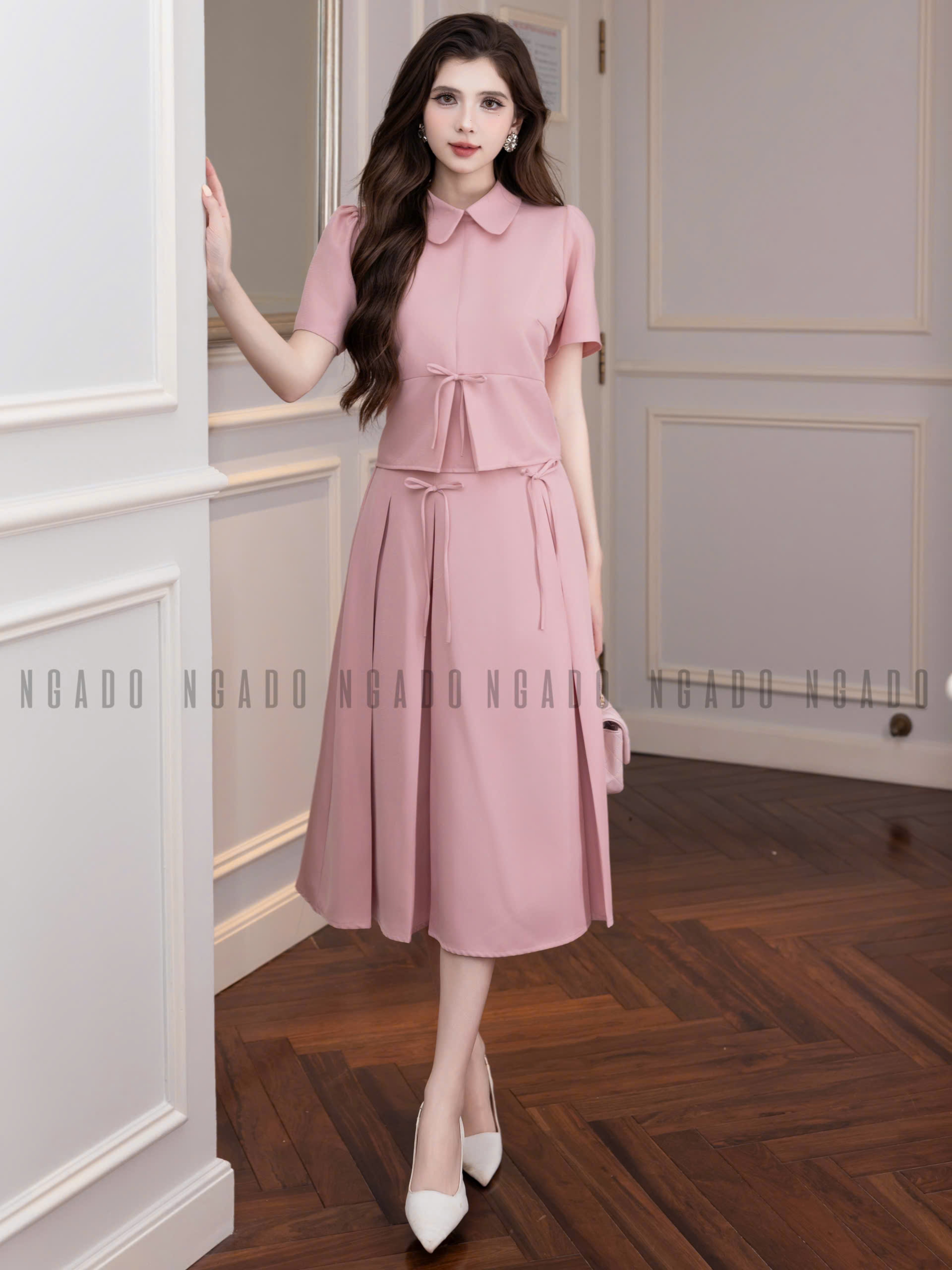 Set áo váy hồng cổ sen NGADO , set áo váy dài, set công sở, dự tiệc