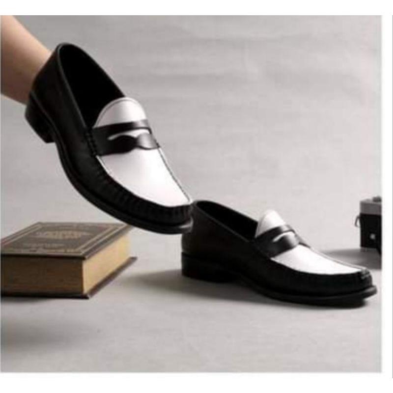 Penny Loafer Black White, giày lười nam da thật đế phíp