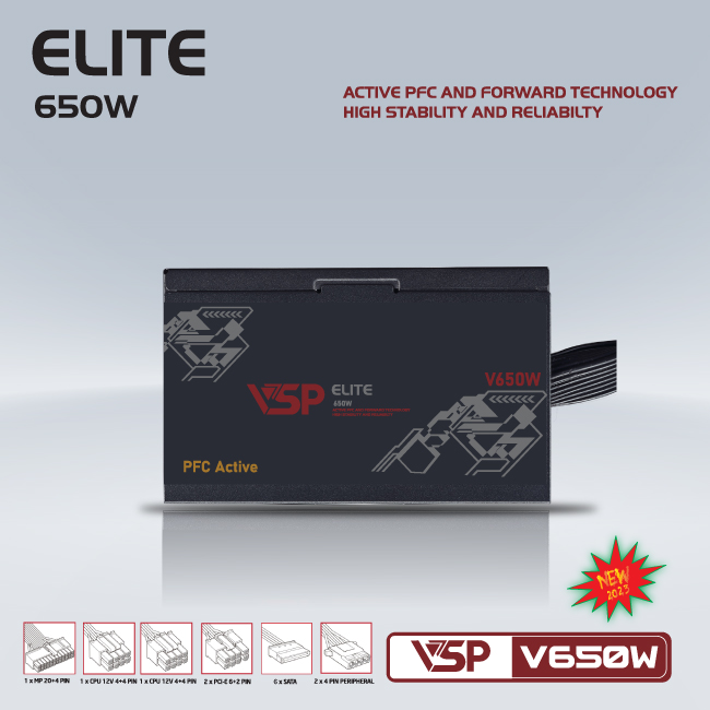 Nguồn VSP 650W Elite V650W ~ Active PFC ATX - Hàng chính hãng TECH VISION phân phối