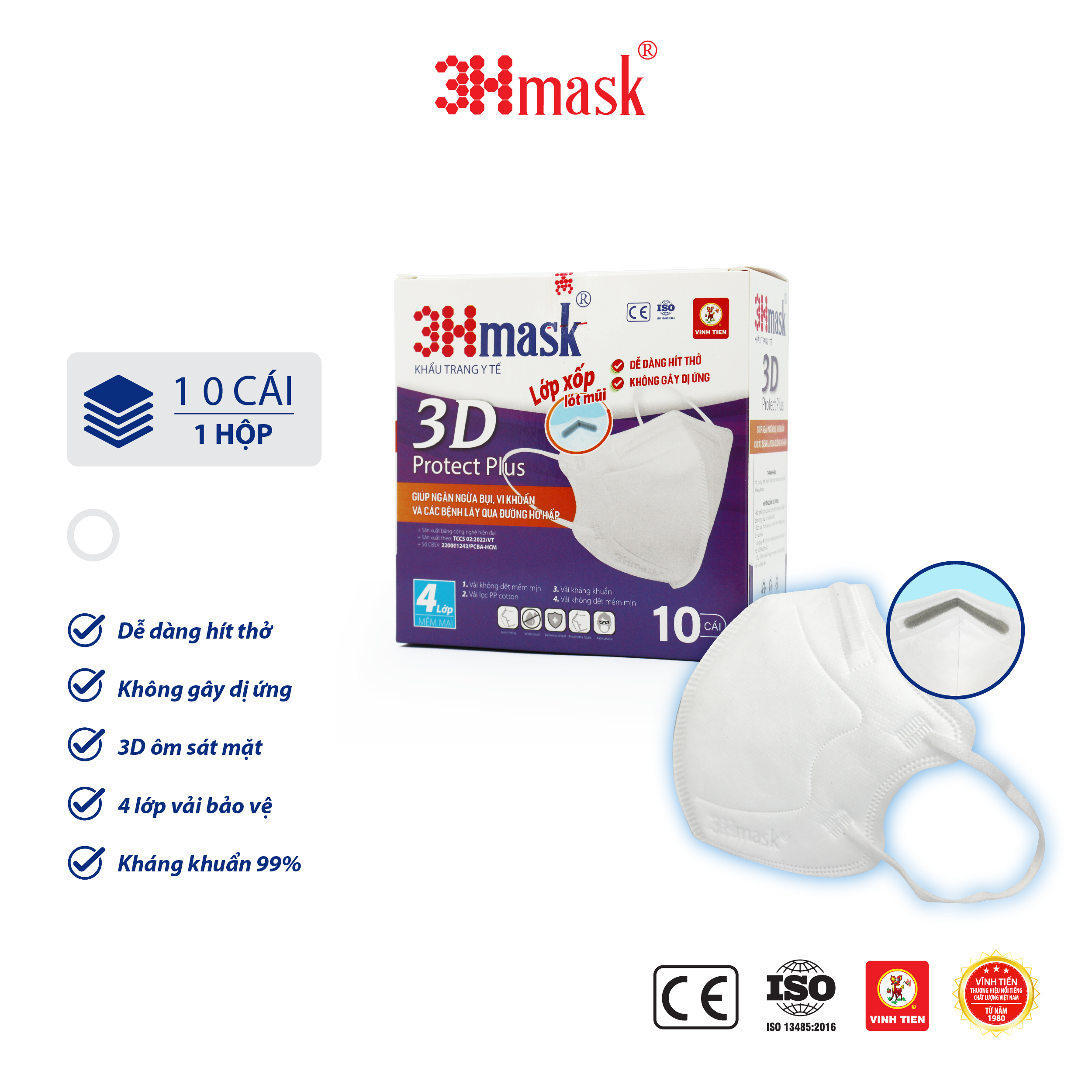 Sỉ thùng 500c khẩu trang y tế 3D protect plus 3Hmask 4 lớp kháng khuẩn, không đau tai - Hộp 10 cái