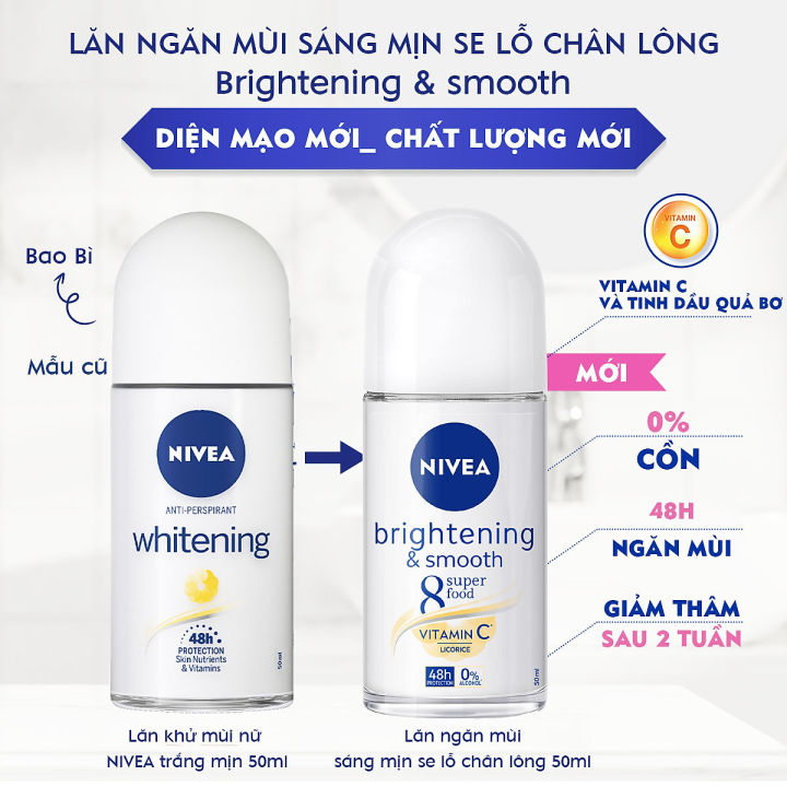 LĂN KHỬ MÙI N.IVE.A BRIGHTENING &amp; SMOOTH - SÁNG MỊN VÀ SE LỖ CHÂN LÔNG 50ML( chữ vàng ) ( không xuất hóa đơn đỏ )