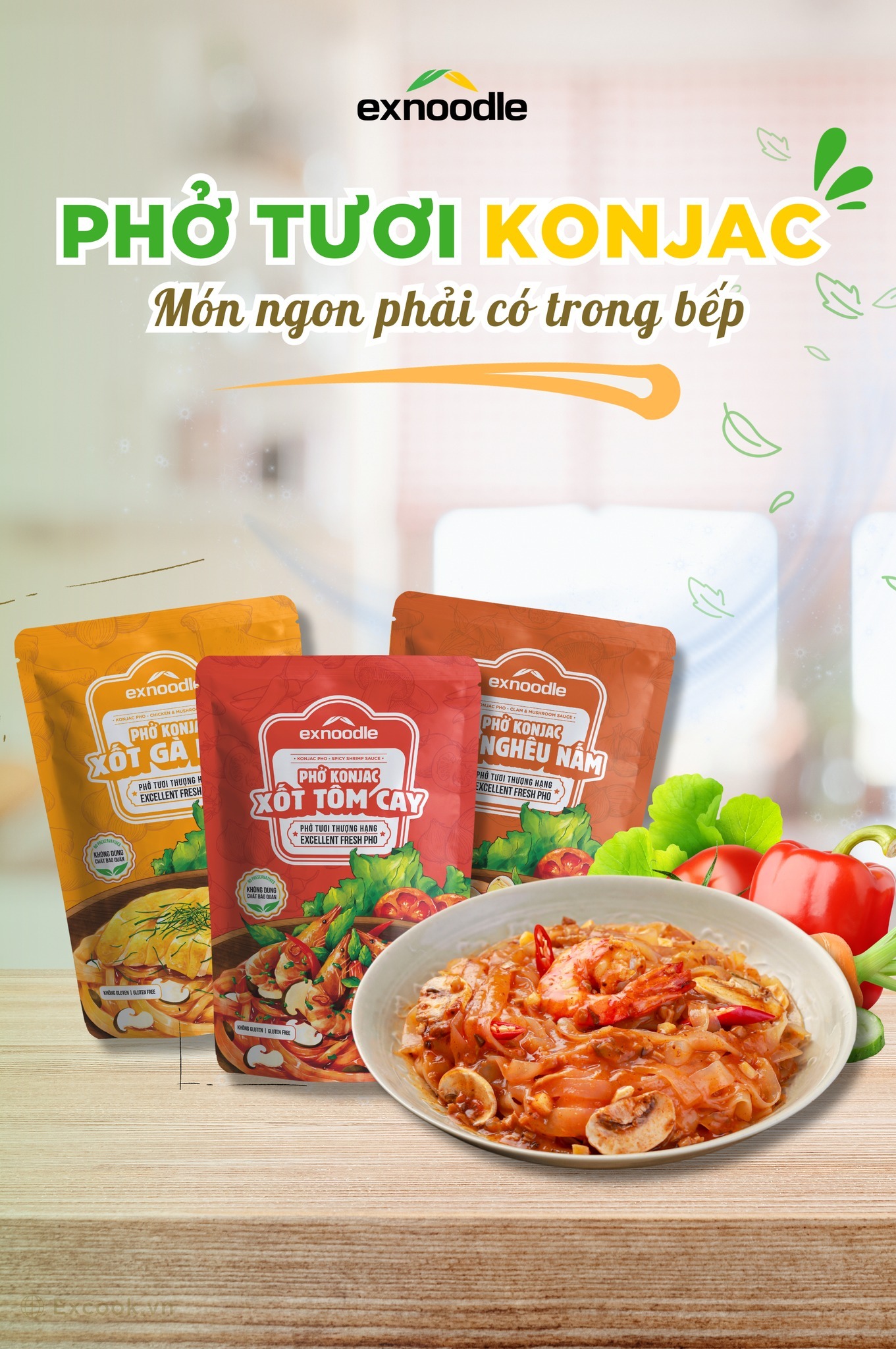 Combo 3 vị Phở konjac trộn xốt-Phở tươi thượng hạng Exnoodle, ít calorie,giàu xơ,không chất bảo quản, sd trực tiếp (gói 350g)