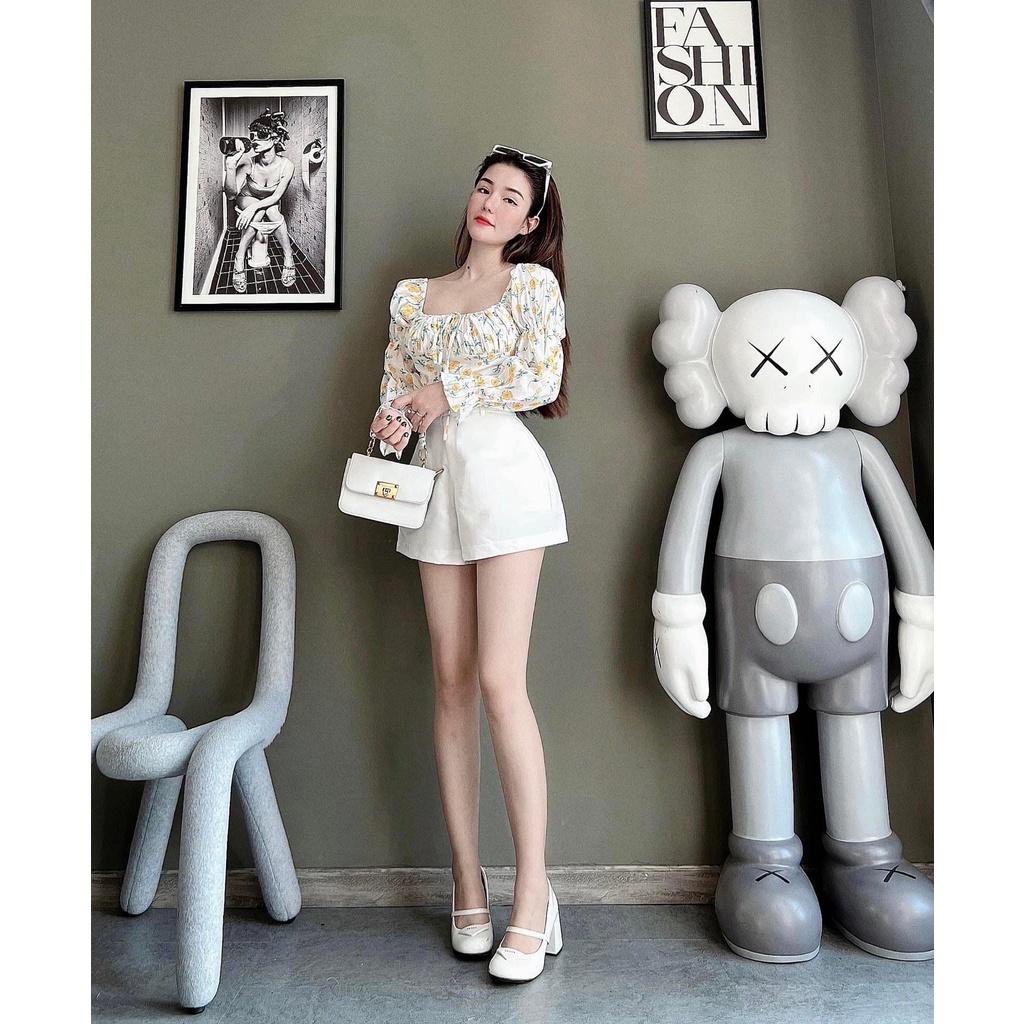 SET ĐI CHƠI, SET 2 MÓN ÁO CROPTOP CỔ VUÔNG TAY DÀI PHỒNG HOA PHỐI QUẦN ĐÙI CỰC XINH LUN Ạ